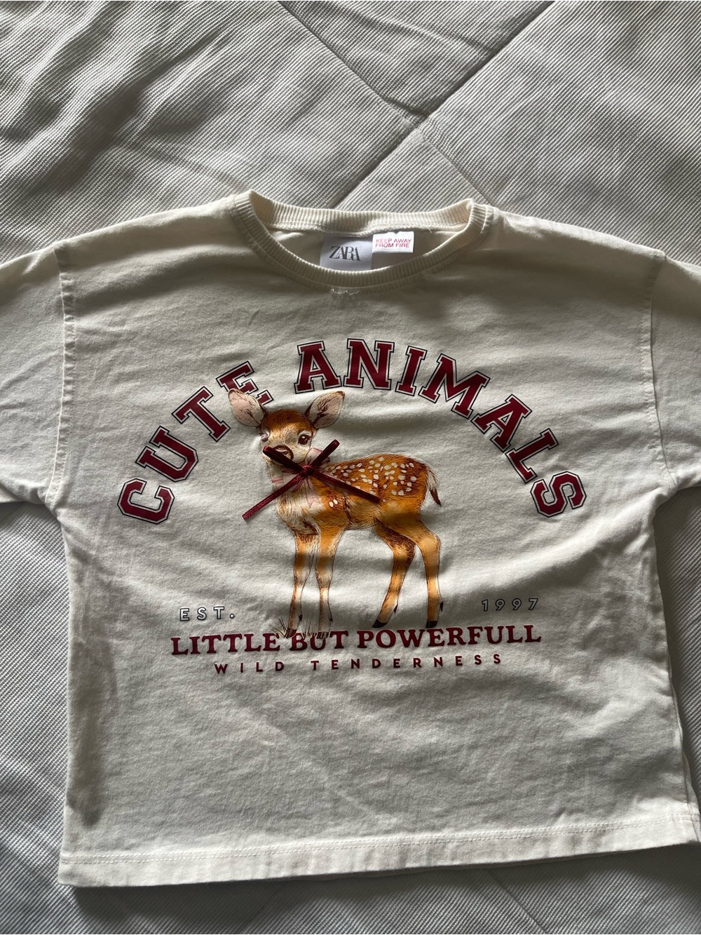 Zara Cream Graphic Tee with Brown Deer and Red Lettering